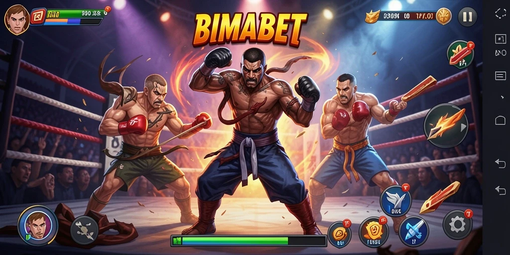 Tampilan gameplay BIMABET dengan karakter Fighting yang beraksi.