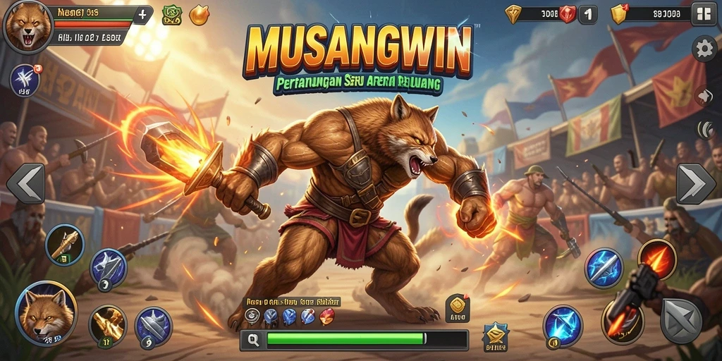 Tangkapan layar utama MUSANGWIN menampilkan aksi pertarungan yang seru.