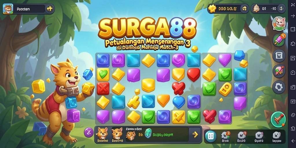 Screenshot SURGA88 menampilkan gameplay seru dalam mencocokkan permata di dunia warna-warni.