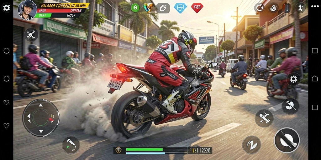 Screenshot menunjukkan aksi mendebarkan dalam balapan motor V21.