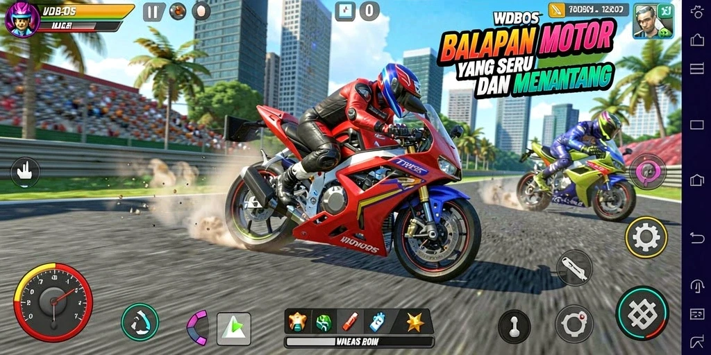 Gameplay seru WDBOS dengan balapan motor yang mendebarkan.